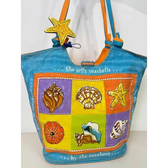 Anne Ormsby Surviving Stress Tote Washed Canvas Embroidered Shells Wood - Picture 2 of 16